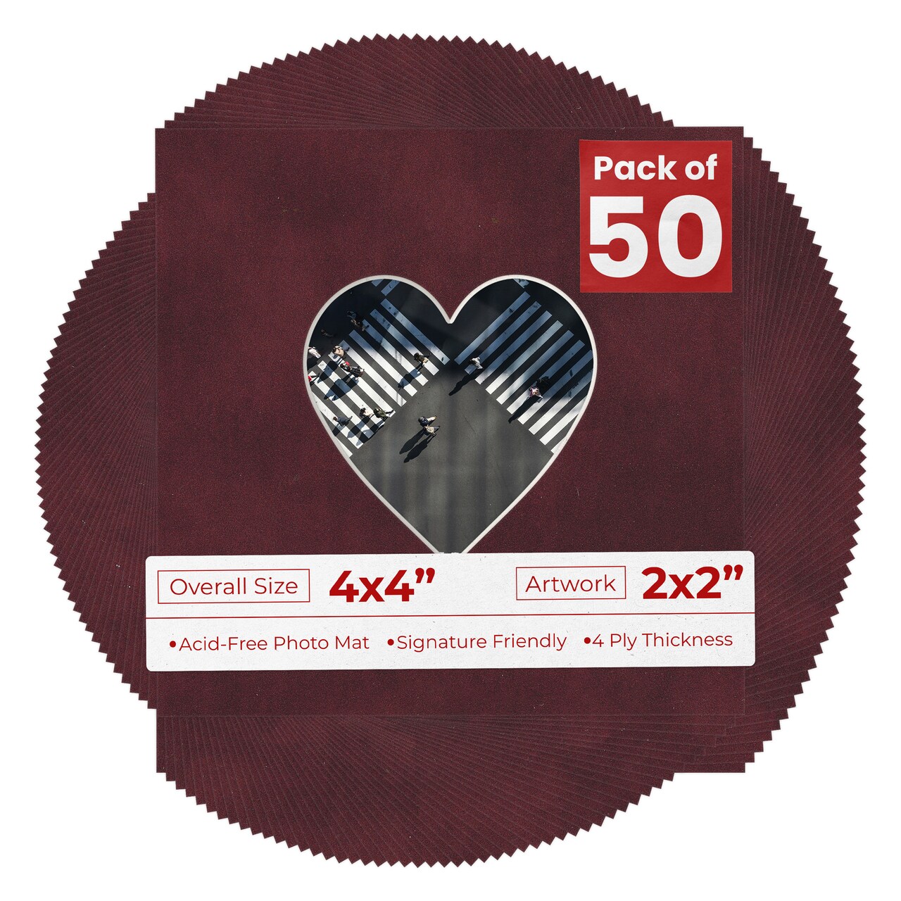 Dark Red Suede Mat Board for 4x4 Inch Frames - Heart Opening for 2x2 Photos